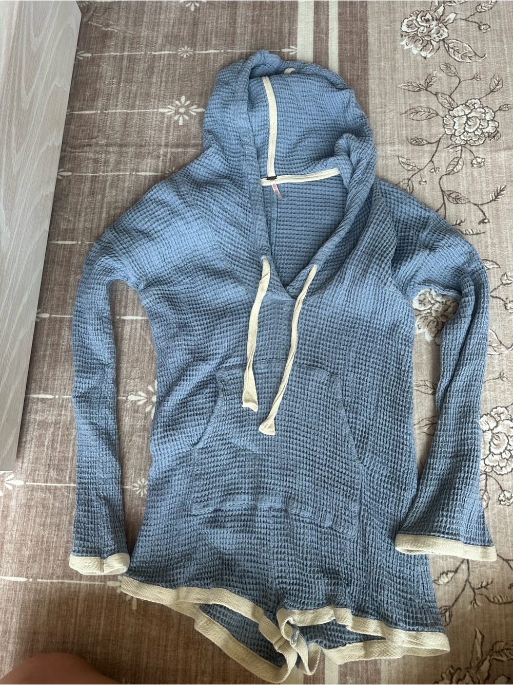 Free People Light Blue Waffle-Knit Hooded Romper with Cream Trim